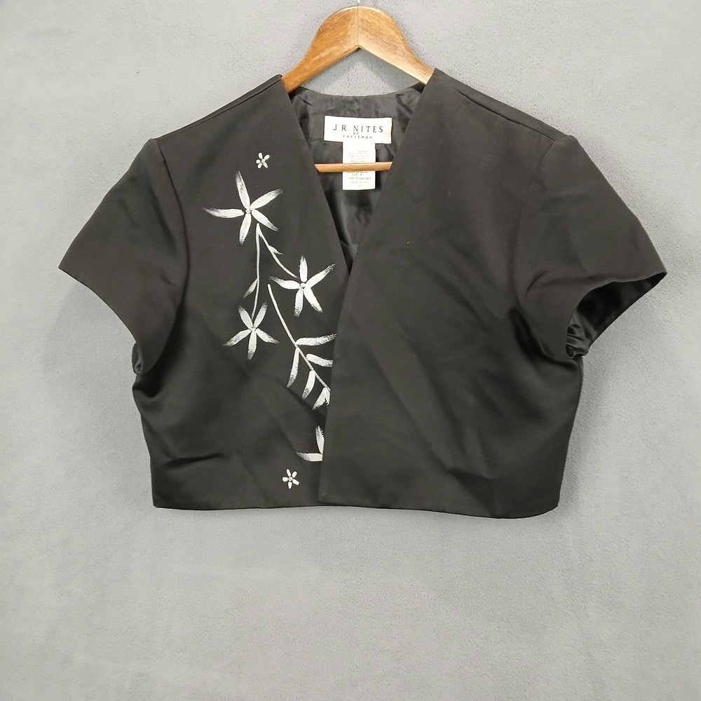 J.R.‎ Nites By Caliendo Cropped Jacket Womens 14 Black Floral Graphic Cap Sleeve